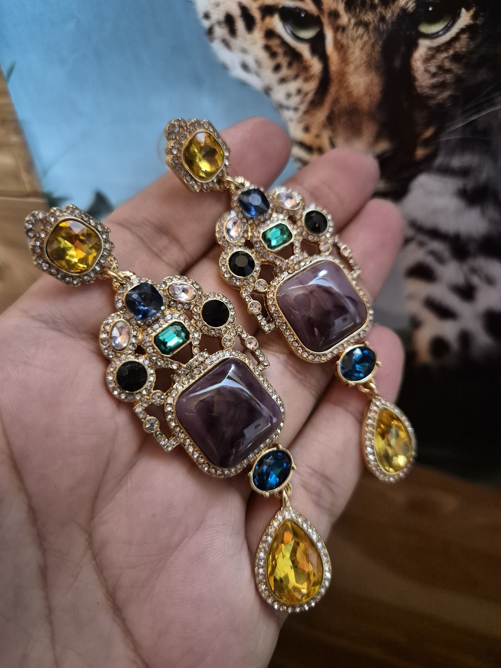Gold-Tone Multigem Drop Earrings with Purple Center Stones